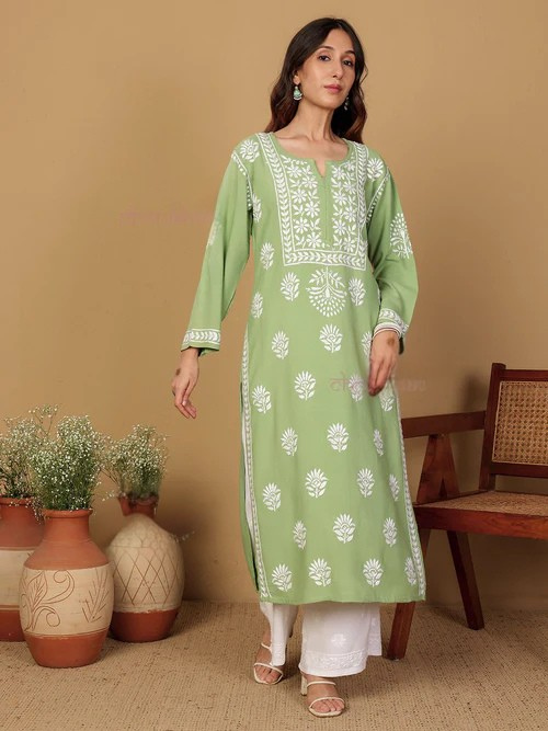 Rayon Long Chikankari Straight Kurti