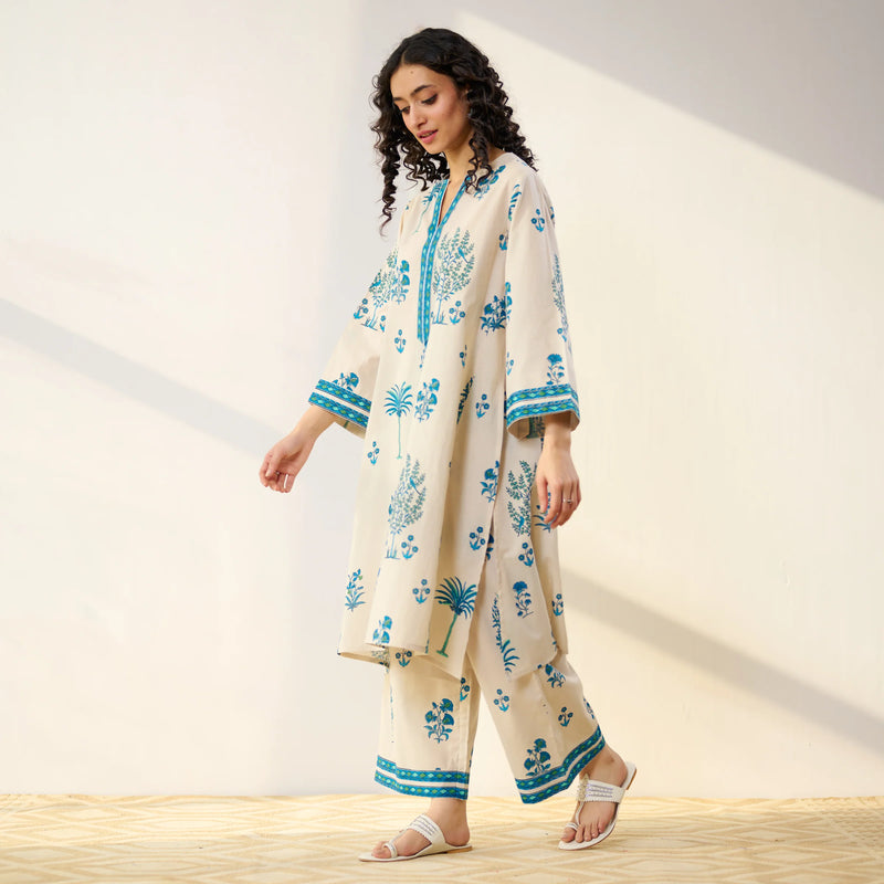 Mehfil Cotton Printed Co-ord Set in Off White Monotone- By Reet Lifestye