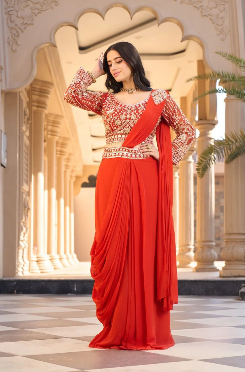 Orange Beads Work Viscose Pre-Draped Saree with Blouse