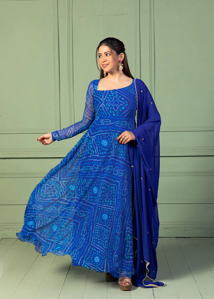 Bandhani Asymmetric Neck Anarkali with Dupatta