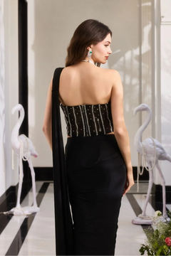 Noor Black Beadwork Pre-Draped Saree with Blouse