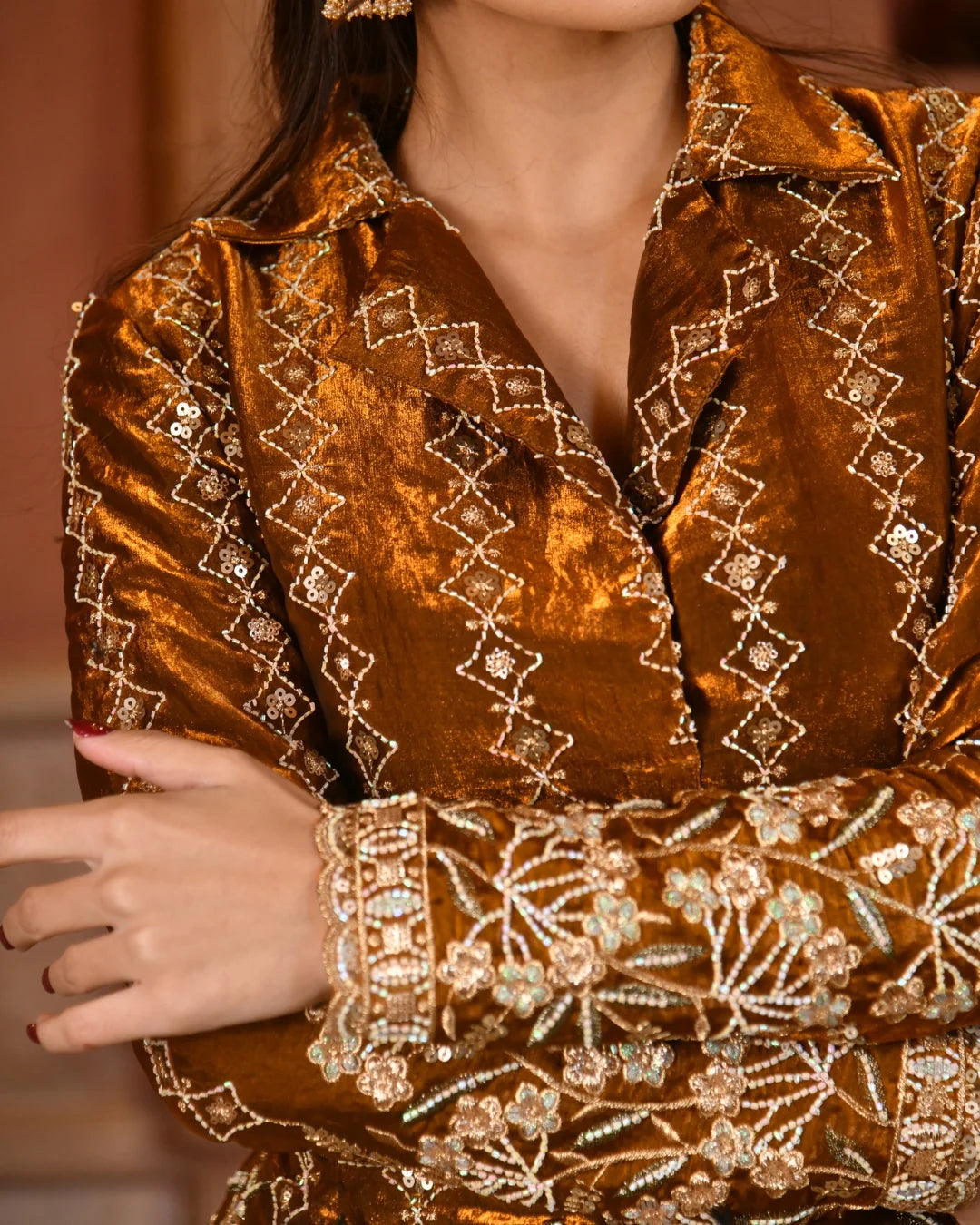 Copper Luxe Embroidered Blazer Co-Ord Set