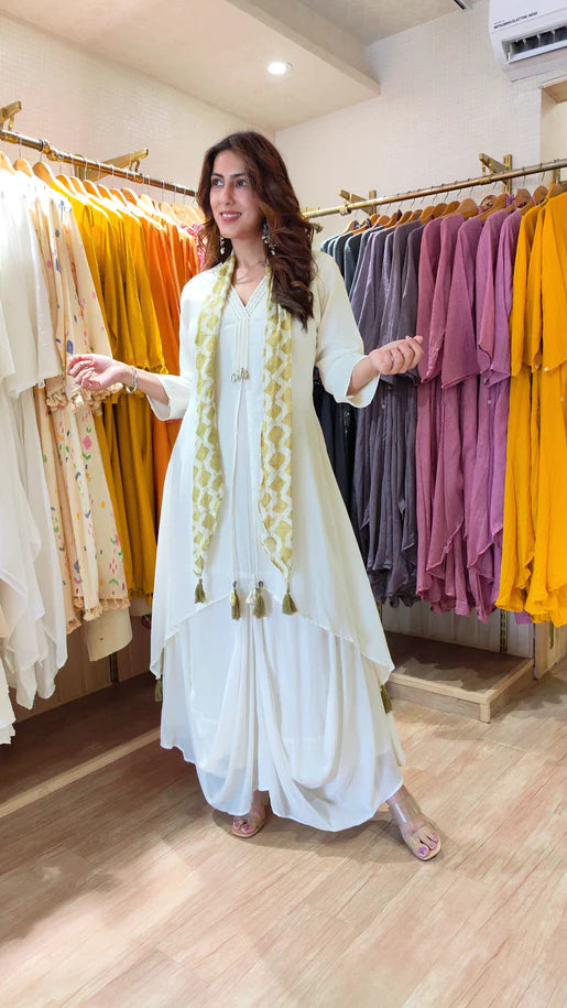White Drape Dress With Printed Scarf - By Reet Lifestyle
