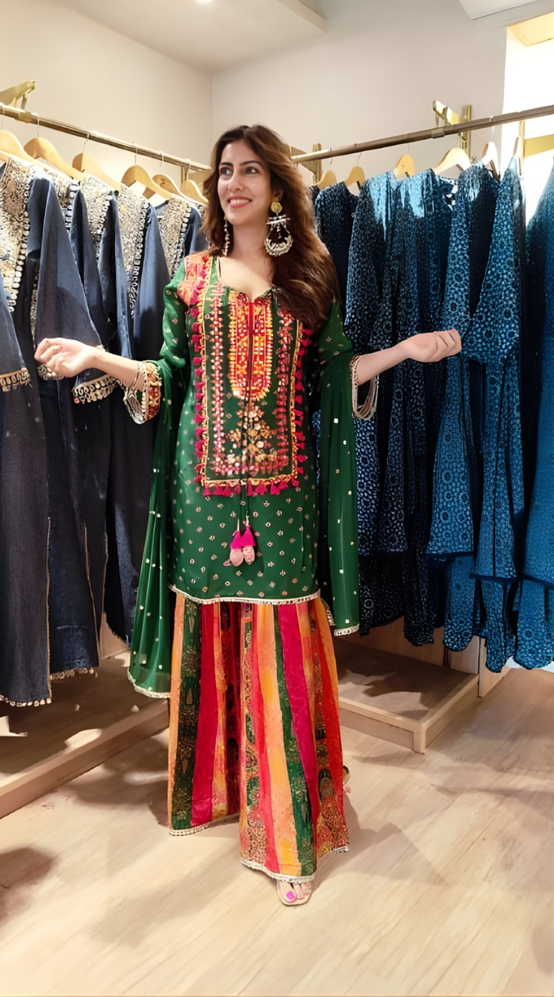 Blue Multicolor Crepe Mirror Work Sharara Set