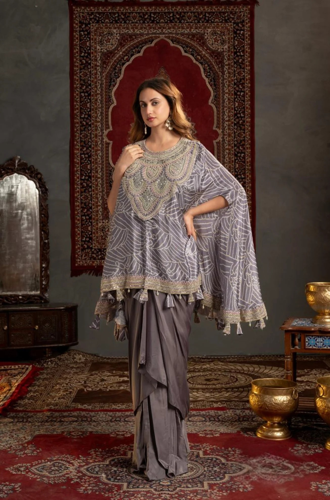 Silk Moti Stone Drape Skirt Set