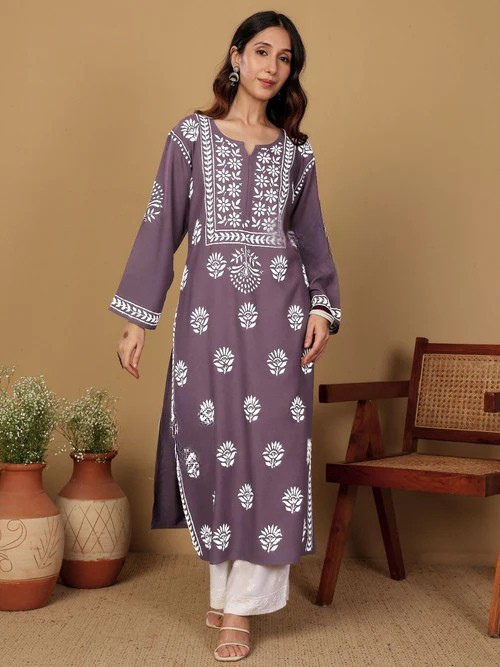 Rayon Long Chikankari Straight Kurti