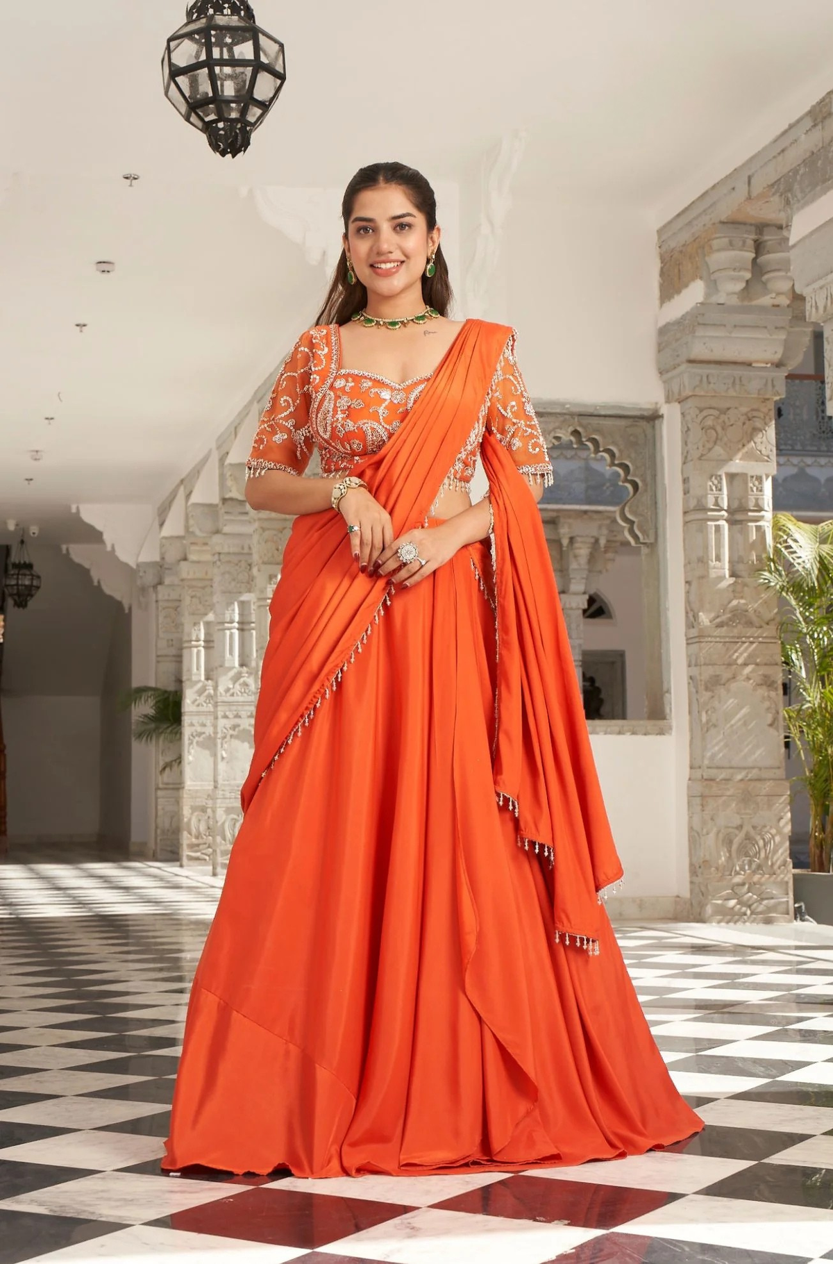 Orange Silk Crepe Pre-Draped Sequin Saree