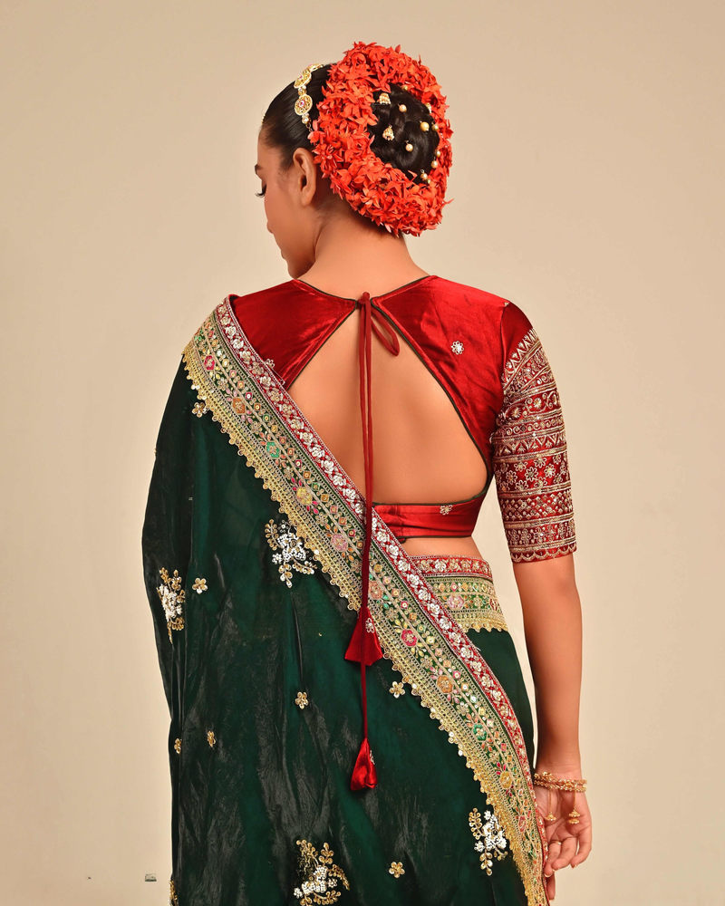 Deep Red saree with Blouse Gaji Silk Elbow Sleeve Saree With Blouse