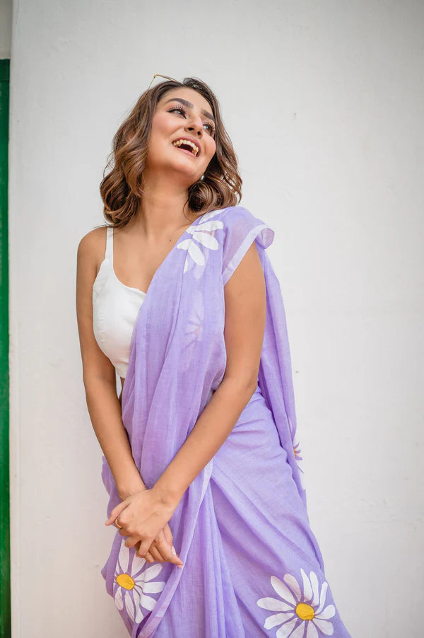 Lavender Handpainted Mulmul Cotton Saree- By Reet Lifestyle