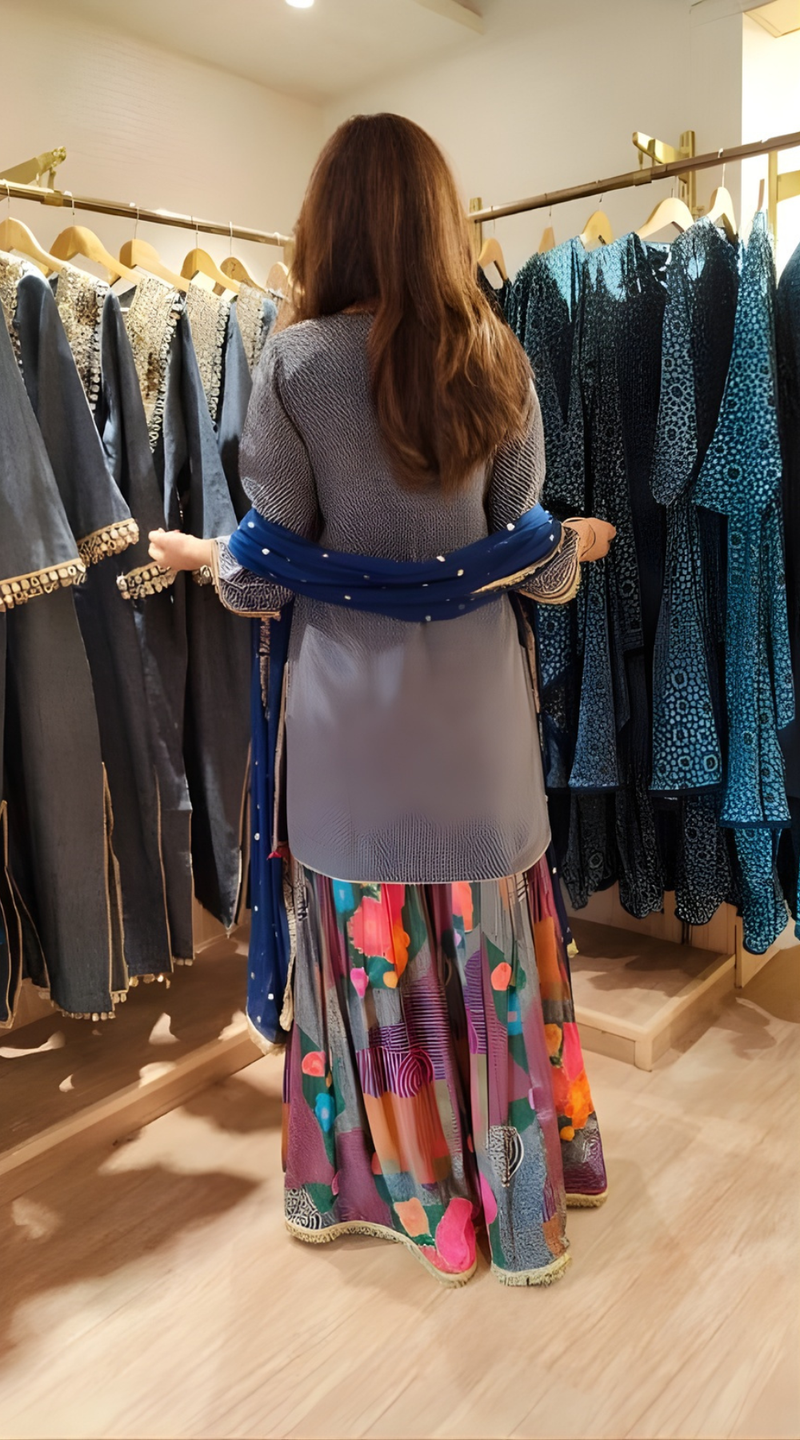 Blue Multicolor Crepe Mirror Work Sharara Set
