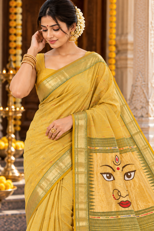 Traditional Maharashtrian Devi Varn Temple Design Zari Border Cotton Paithani Saree