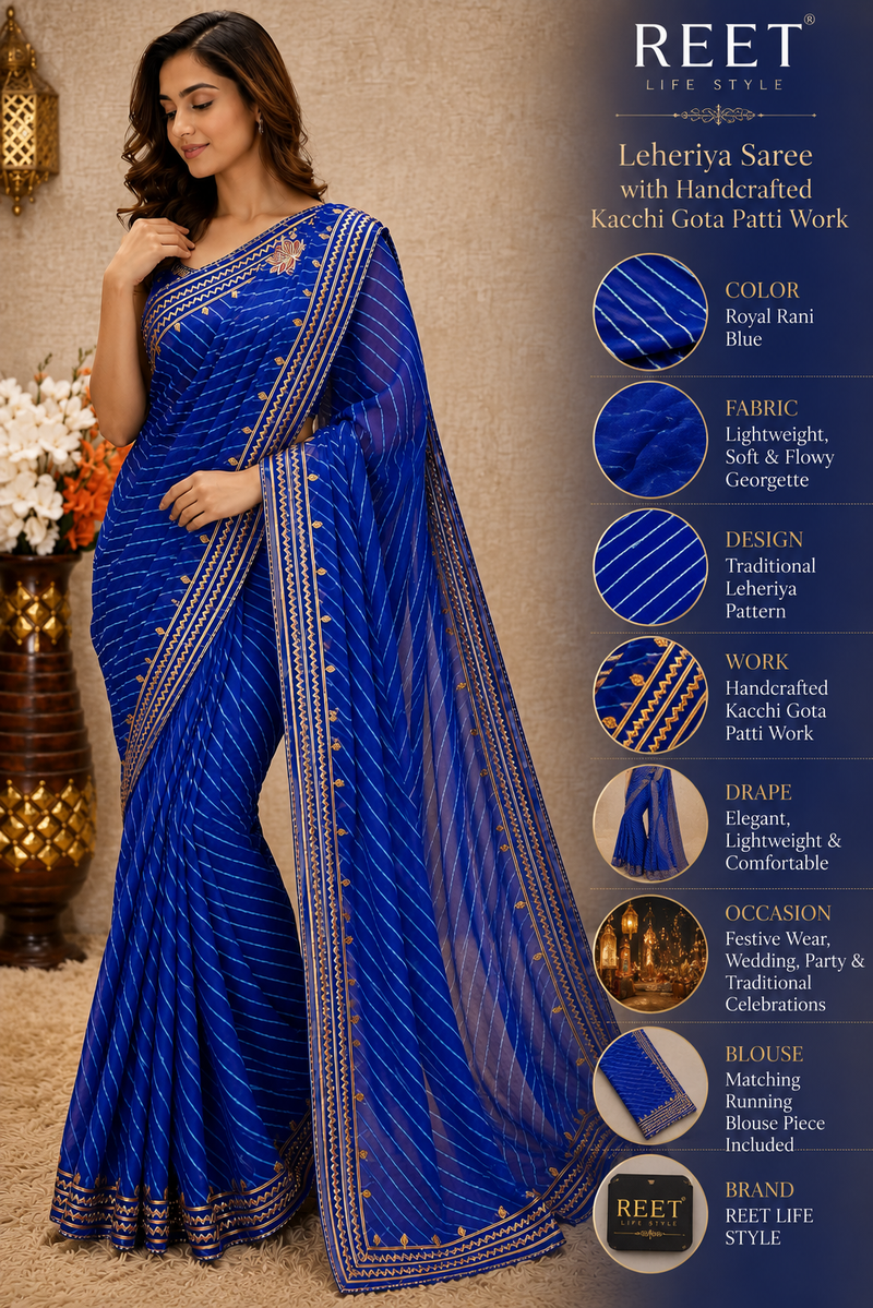 Rani Pink Leheriya Saree with Handcrafted Kacchi Gota Patti Work