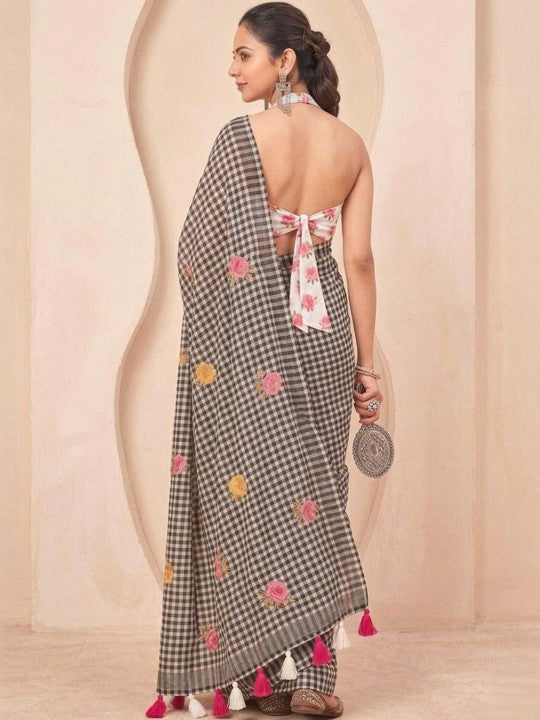 Silk  Floral Checked Woven Design Border Saree