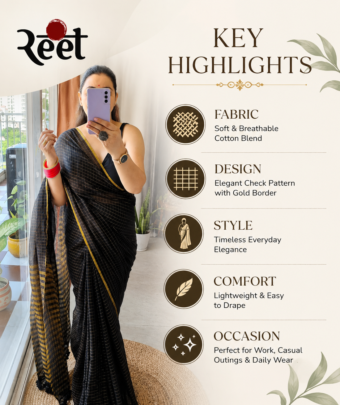 Golden Zari Check Mul Cotton Saree
