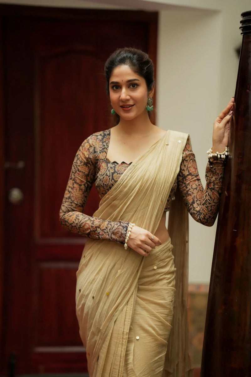 Golden Chanderi Designer Saree with Ajrakh Blouse