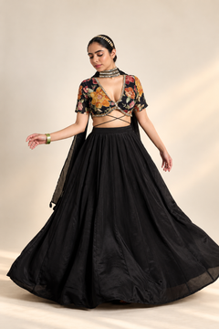 Noir Elegance Embroidered Chinnon Lehenga Set