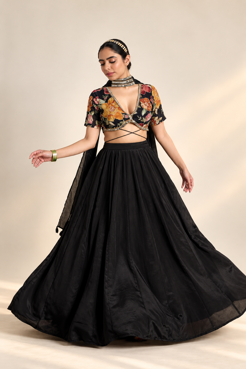 Noir Elegance Embroidered Chinnon Lehenga Set