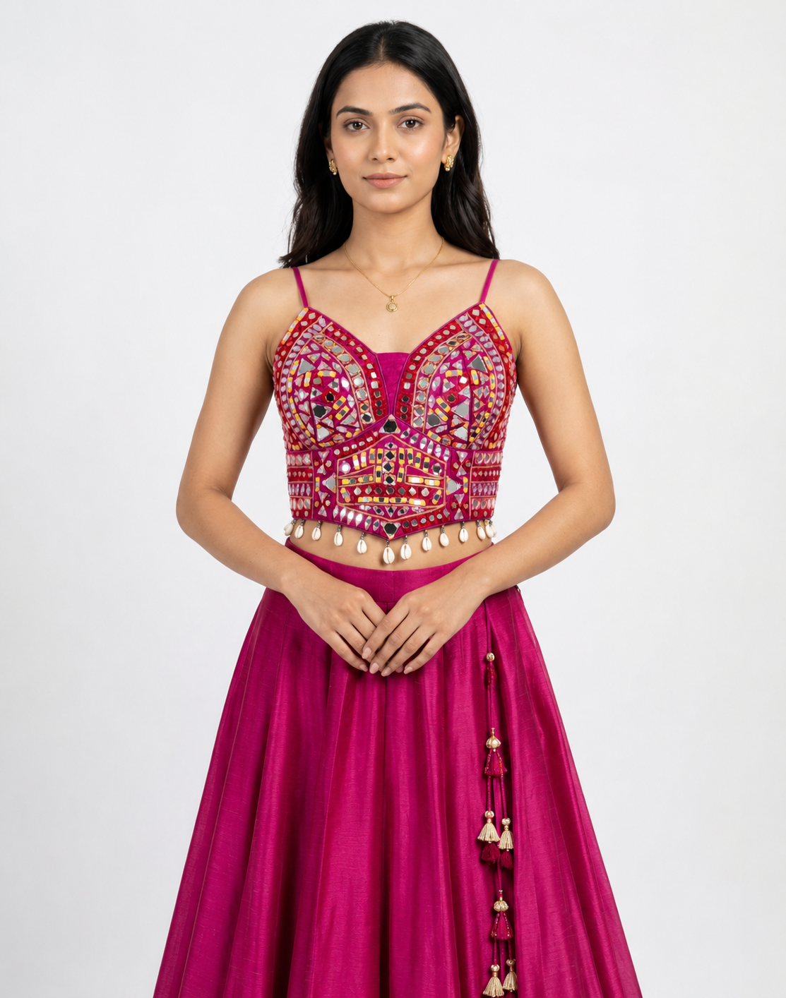 Rani Pink Mirror Work Designer Blouse with Shell Tassels