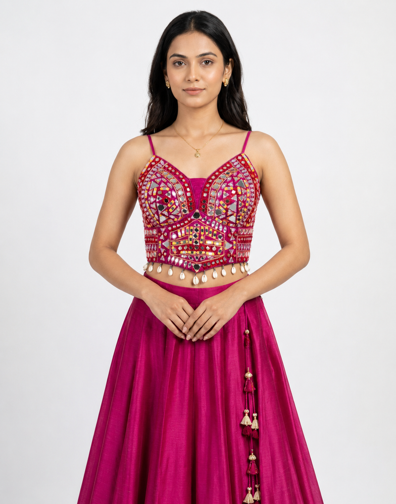 Rani Pink Mirror Work Designer Blouse with Shell Tassels