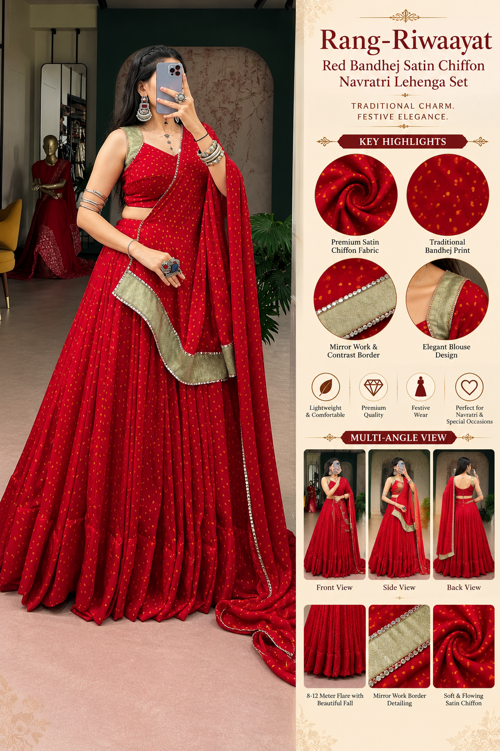 Rang-Riwaayat Red Bandhej Satin Chiffon Navratri Lehenga Set