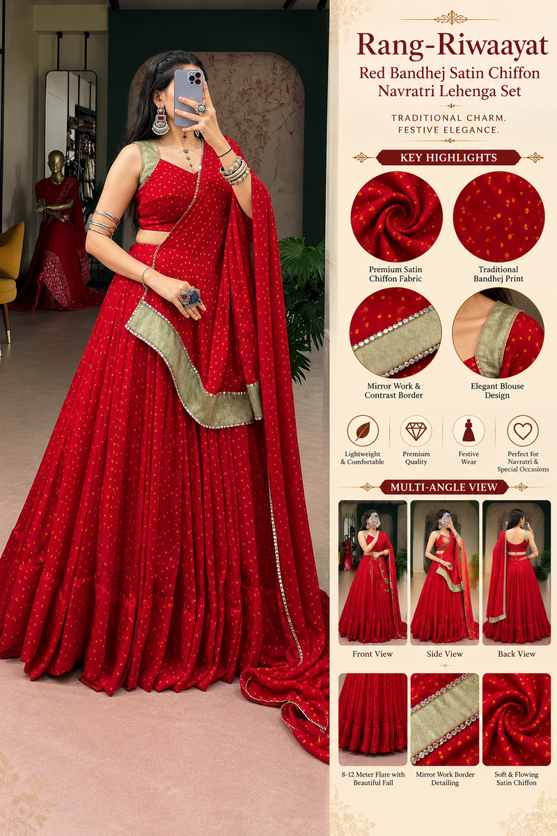 Rang-Riwaayat Red Bandhej Satin Chiffon Navratri Lehenga Set