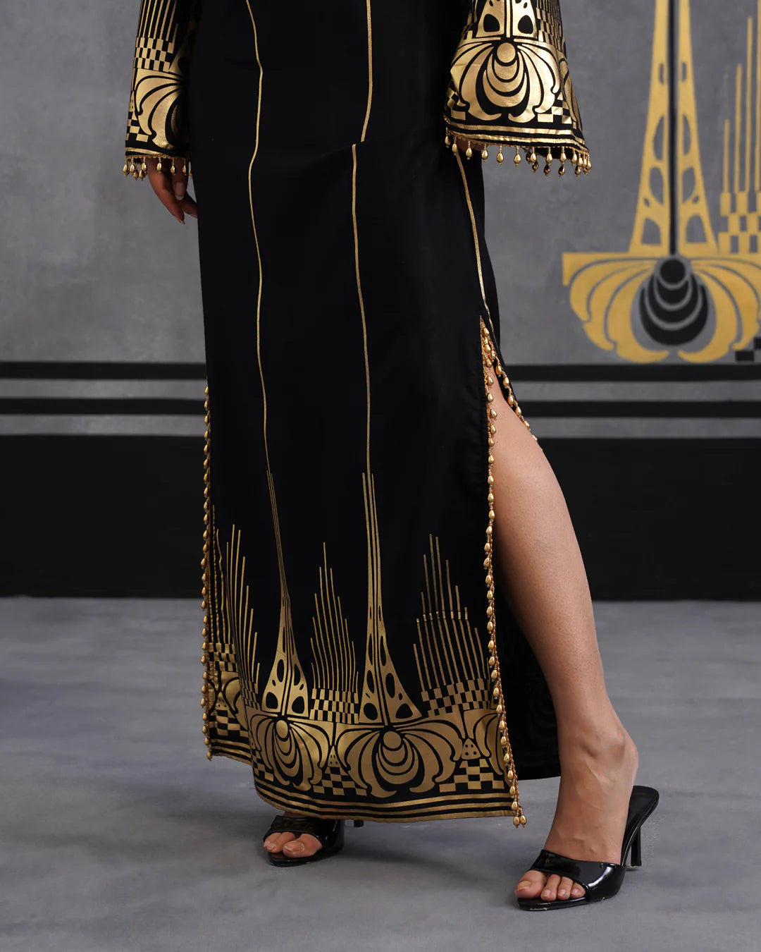 Royal Luxurious Noir Gold Foil Kaftan Dress