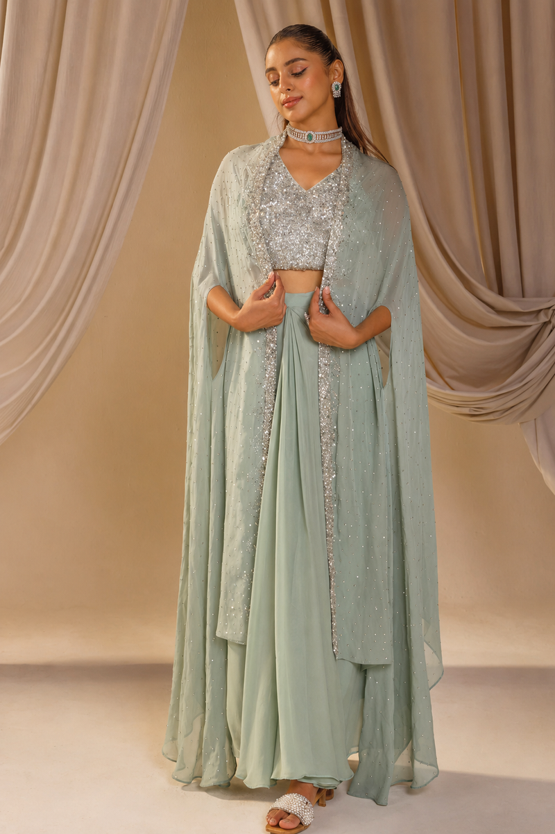 Mint Green Cape Set with Saree-Inspired Drape
