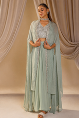Mint Green Cape Set with Saree-Inspired Drape