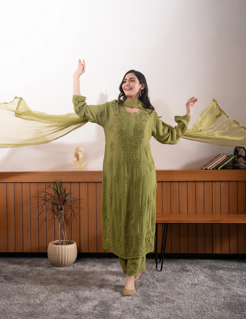 Mocha Blossom Viscose Georgette Straight Chikankari  Kurta Set
