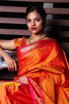 Paithani Weave with Peach and Gold Border with Double Pallu