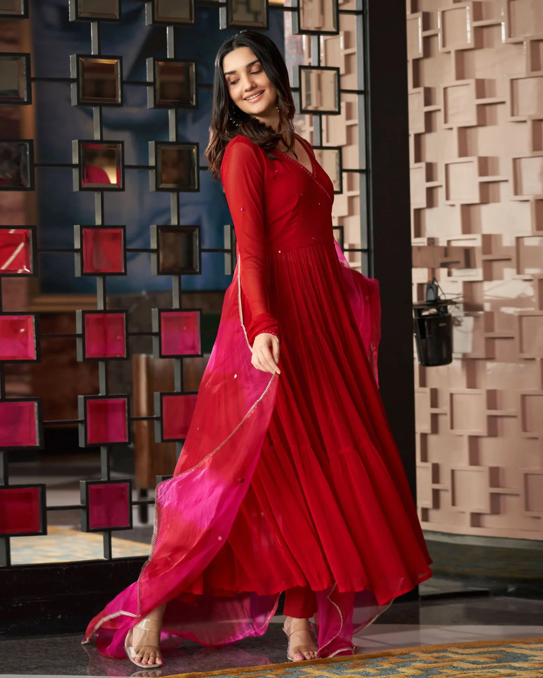Mirror Work Embroidered Georgette Anarkali Suit Set
