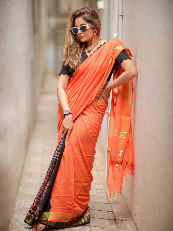 Coral Glow Soft Linen Quirky Saree