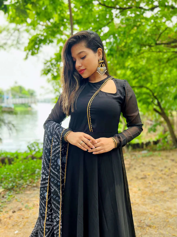 Graceful Navy Blue Bandhani Anarkali Outfit