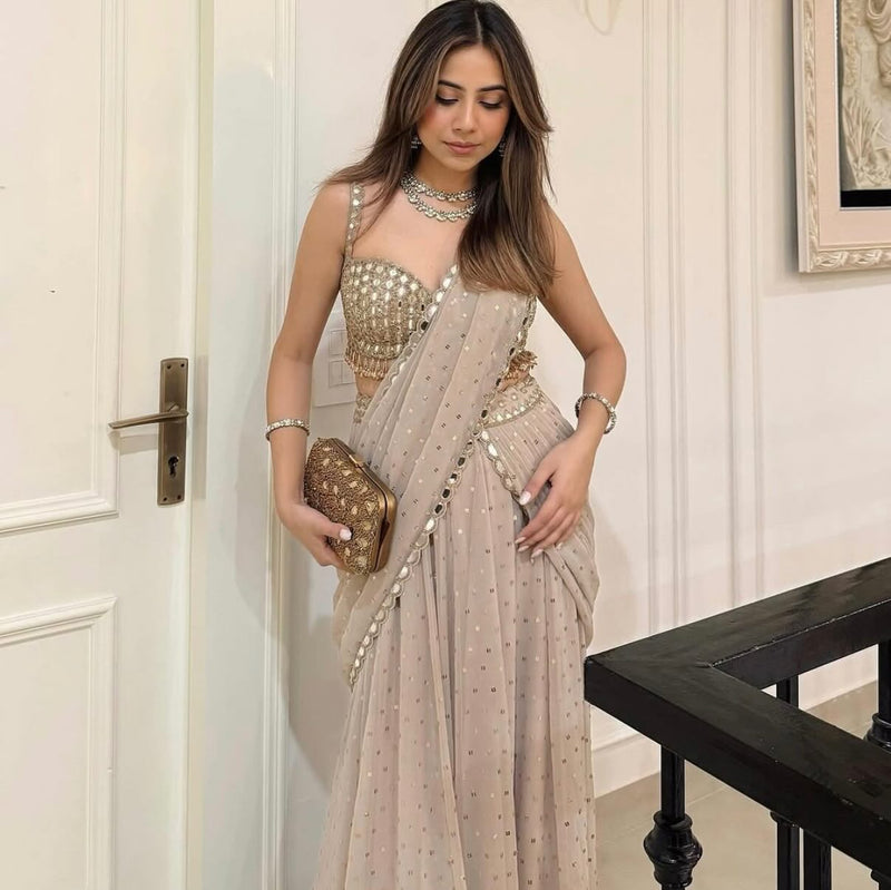 Light Beige Georgette Silk Mirror Pre -Draped Saree with Blouse