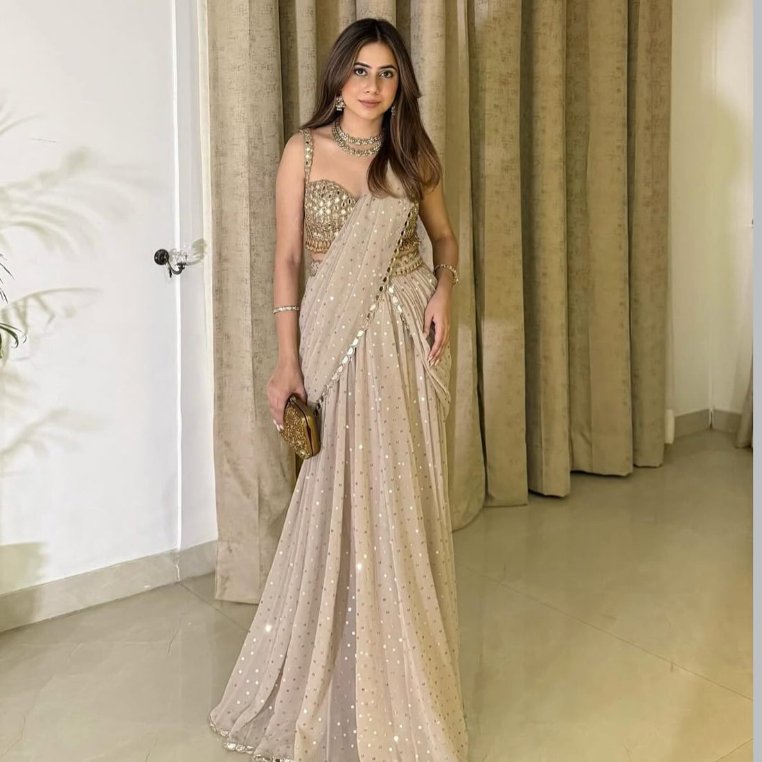 Light Beige Georgette Silk Mirror Pre -Draped Saree with Blouse