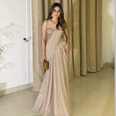 Light Beige Georgette Silk Mirror Pre -Draped Saree with Blouse