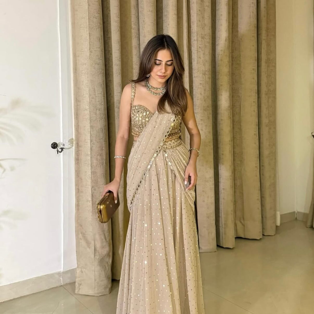 Light Beige Georgette Silk Mirror Pre -Draped Saree with Blouse