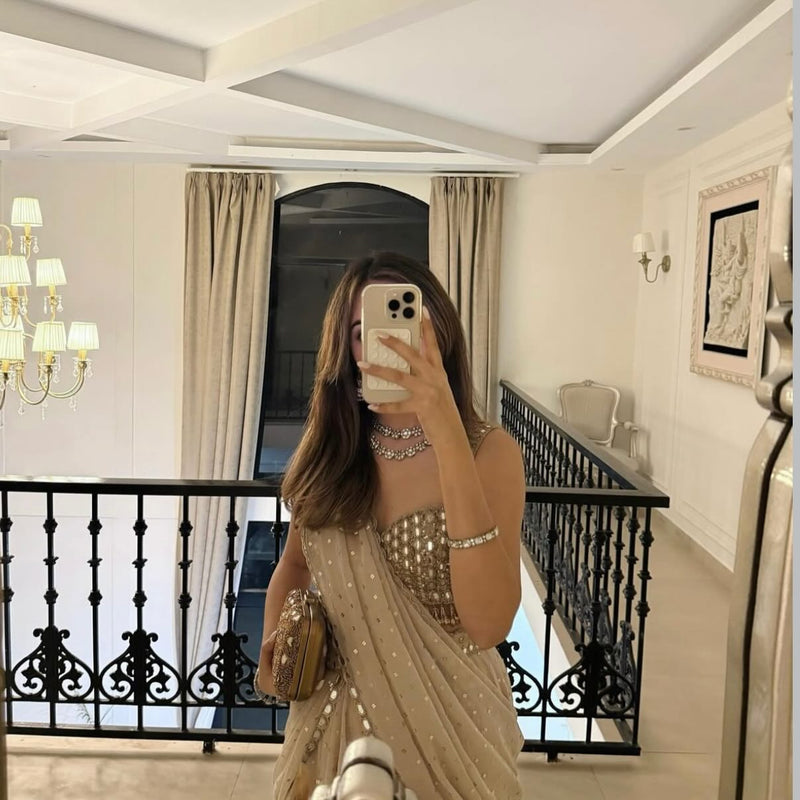 Light Beige Georgette Silk Mirror Pre -Draped Saree with Blouse