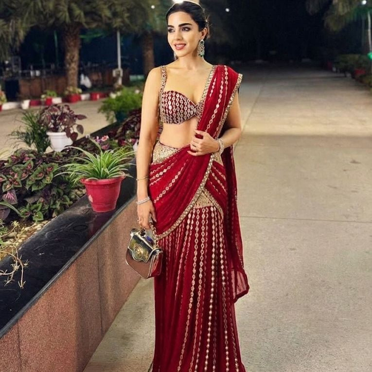Red Premium Georgette Mirror Work Pre-Draped Saree with Blouse
