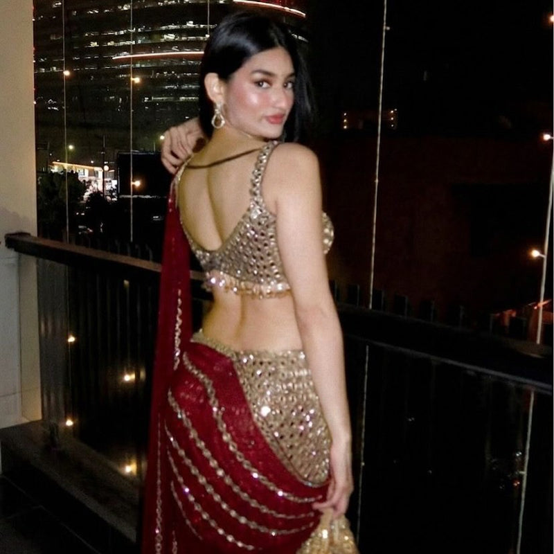 Red Premium Georgette Mirror Work Pre-Draped Saree with Blouse