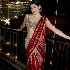 Red Premium Georgette Mirror Work Pre-Draped Saree with Blouse