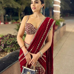 Red Premium Georgette Mirror Work Pre-Draped Saree with Blouse