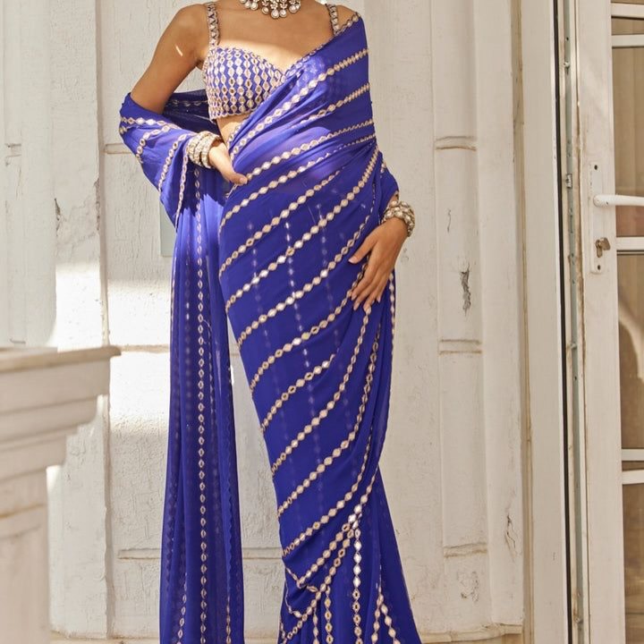 Blue Premium Georgette Ready-to-Wear Saree with blouse