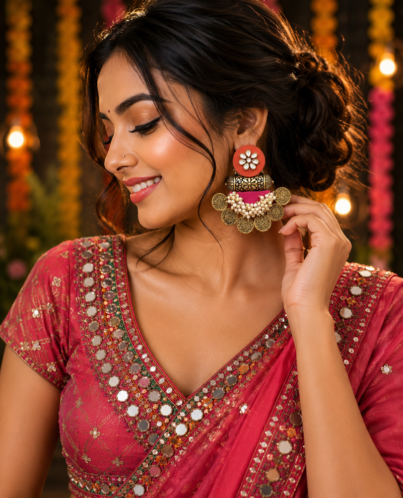 Maroon Antique Coin Chandbali Earrings with Pearl Cluster