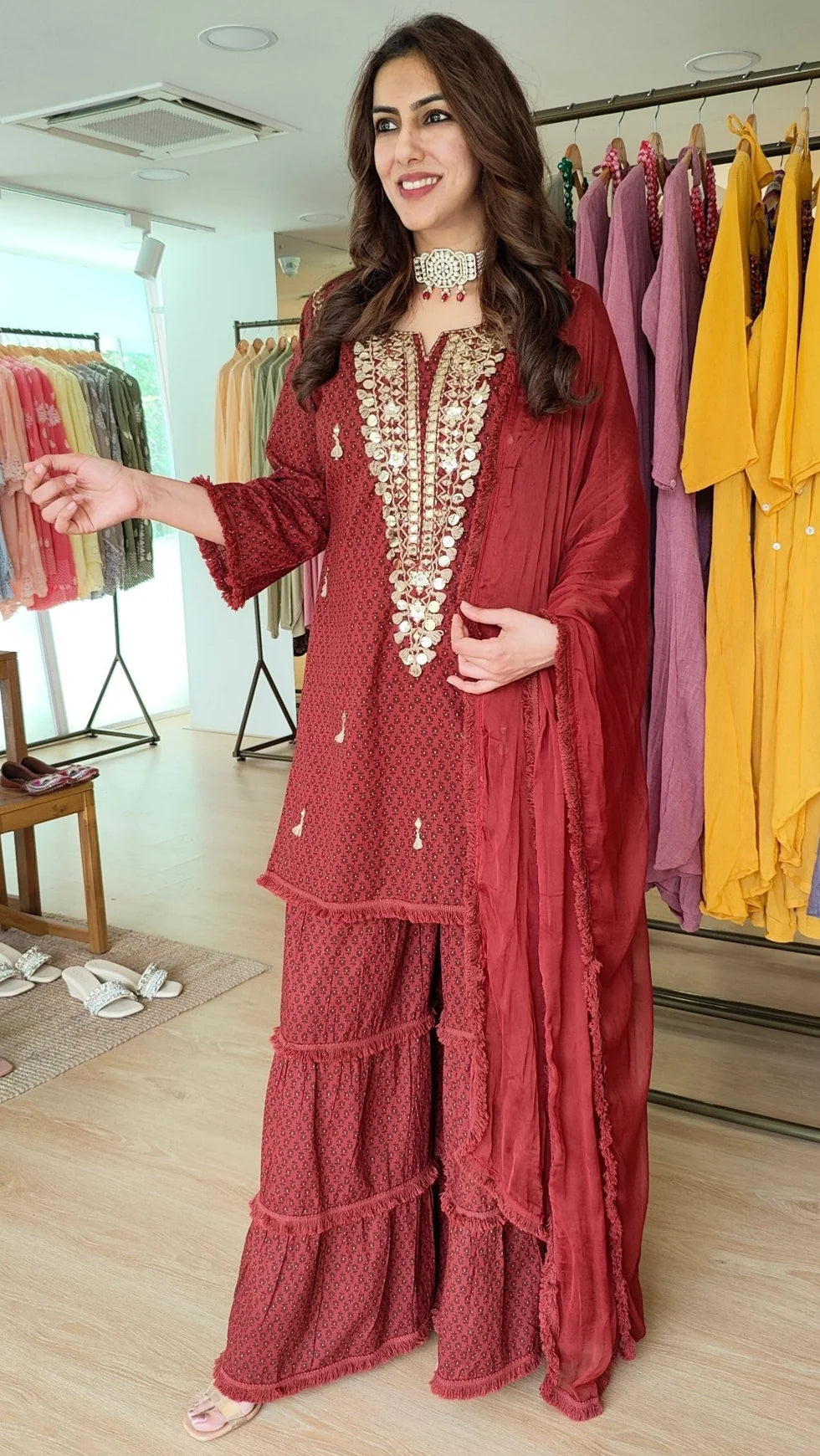 Ethnic Embroidered Maroon Long Yoke Sharara Set