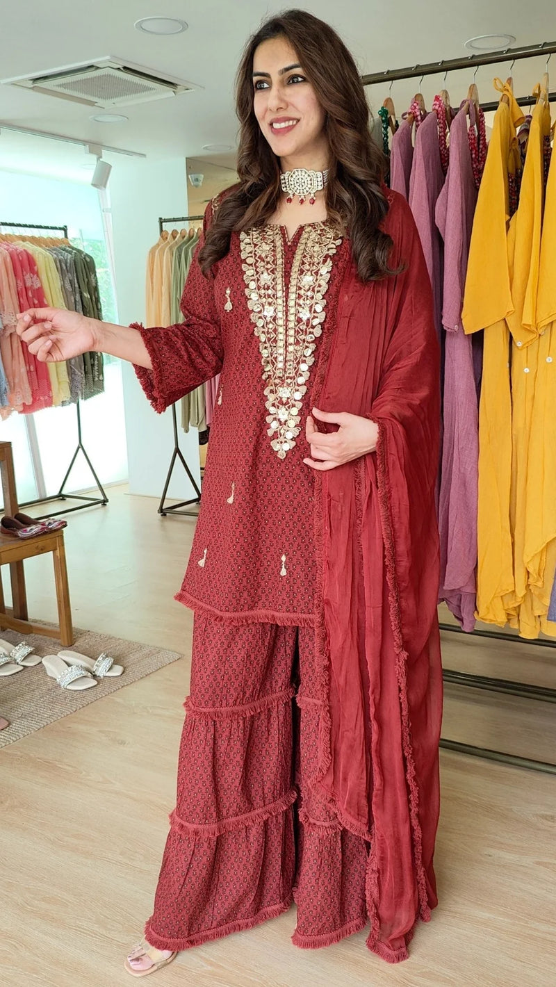 Ethnic Embroidered Maroon Long Yoke Sharara Set