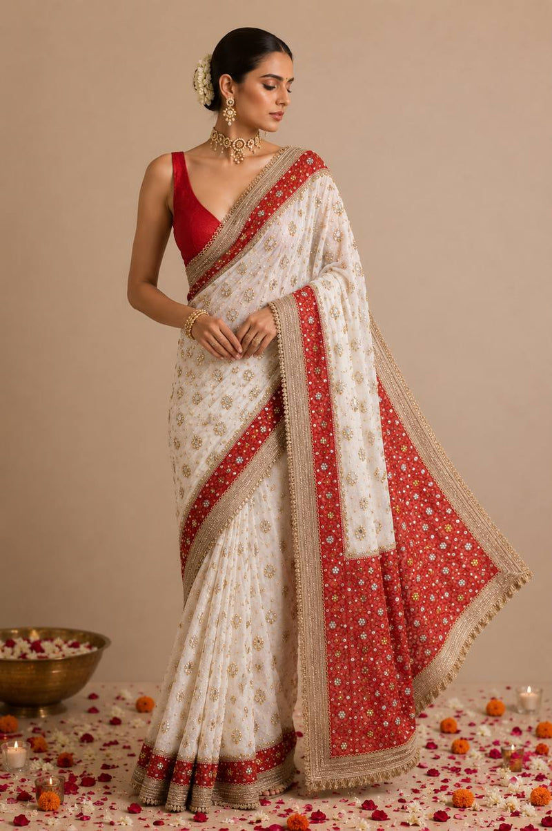 white & Red Saree with Mirror work