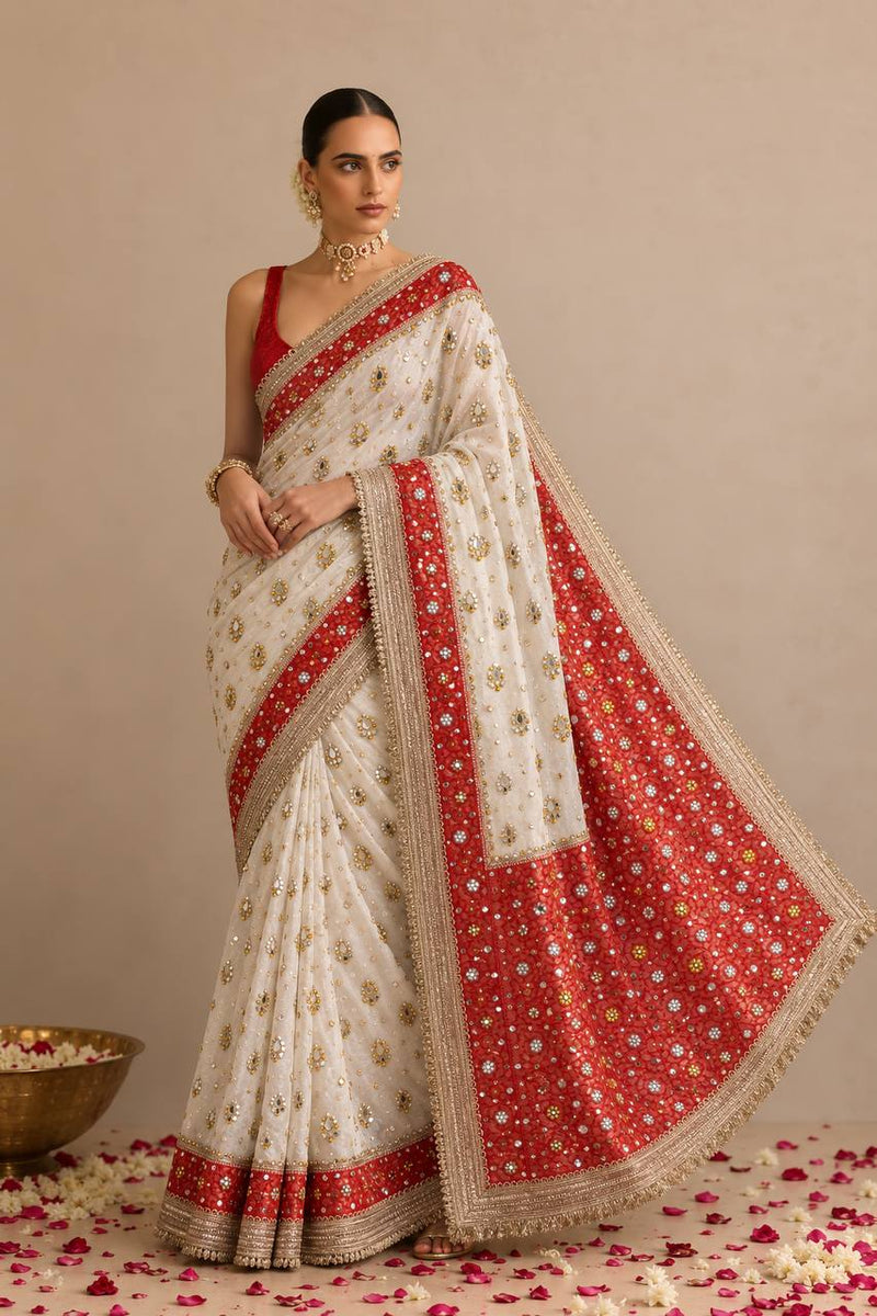 white & Red Saree with Mirror work