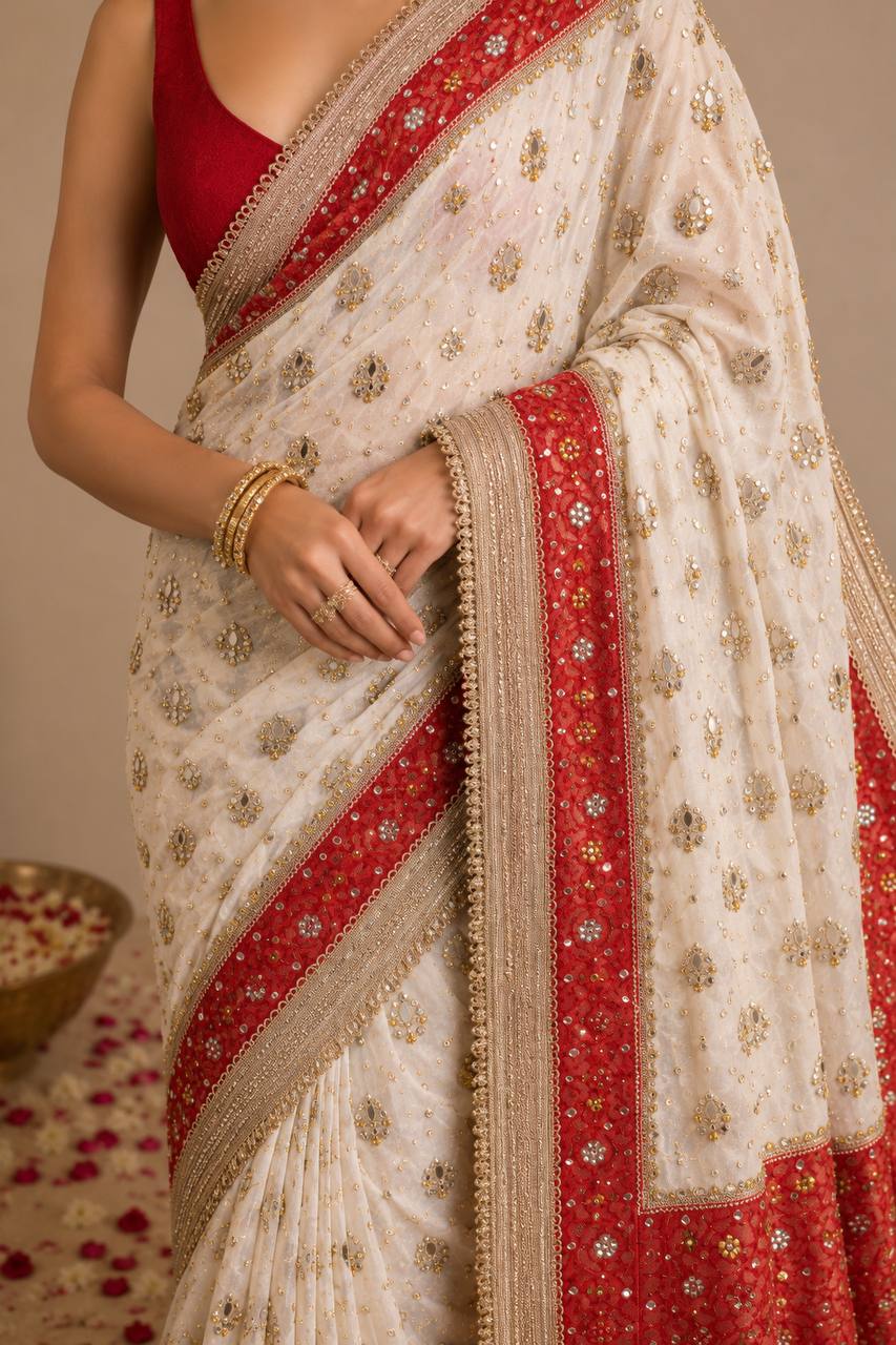 white & Red Saree with Mirror work