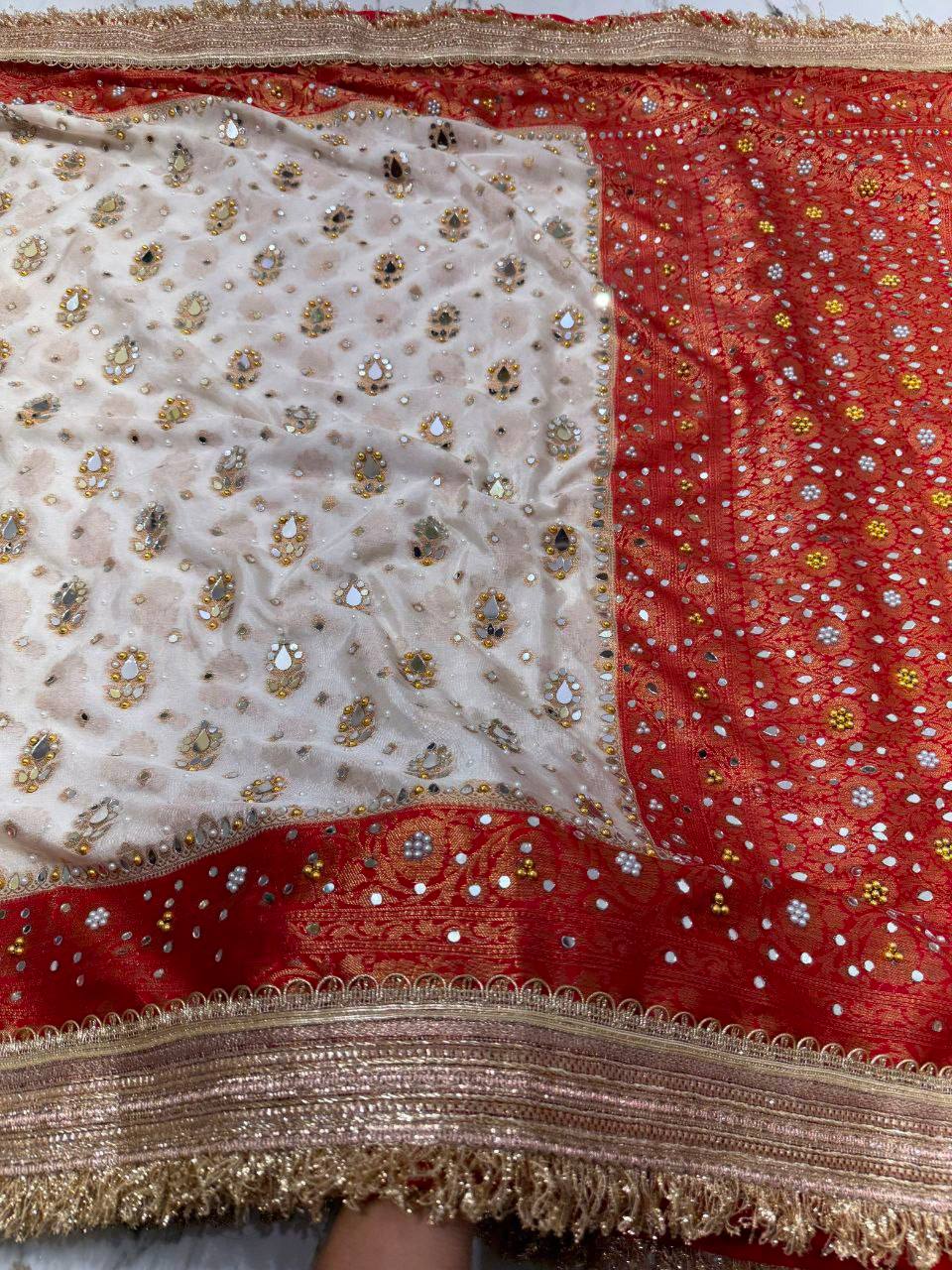 white & Red Saree with Mirror work